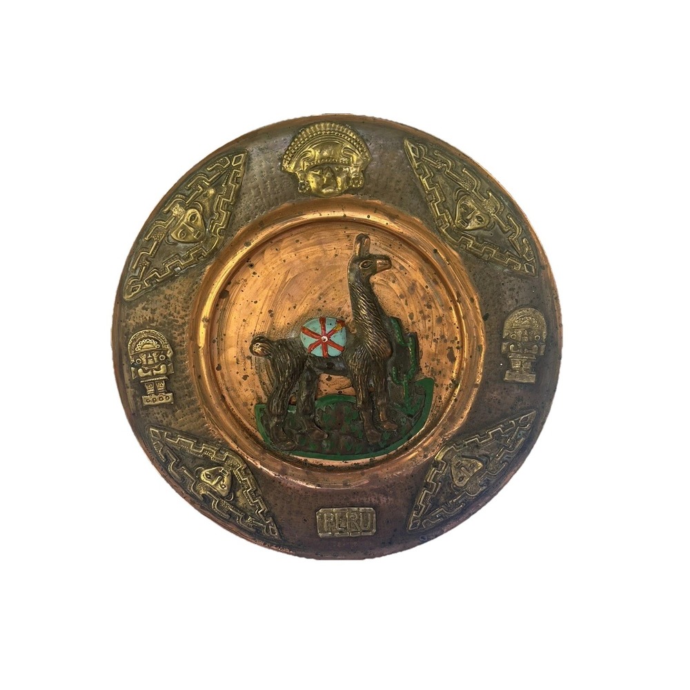PERUVIAN PERU Brass Copper Decorative Wall Plates Souvenir 14" llama Round